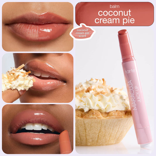 Tarte Cosmetics Maracuja Juicy Lip Balm, labeled coconut cream pie, is applied on lips, exemplifying glossy sheen. Nearby, a coconut cream pie slice complements the balm's advertised scent.