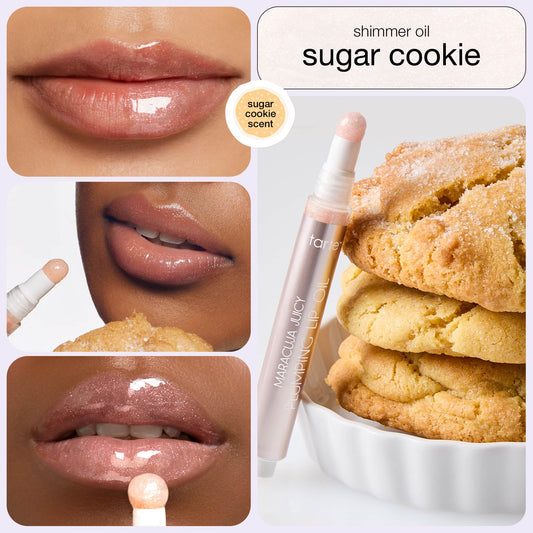 Lips with a glossy finish using Tarte Cosmetics Maracuja Juicy Lip Oil are shown near a stack of sugar cookies. Text reads: shimmer oil sugar cookie and sugar cookie scent.