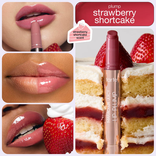 Lipstick applies on lips, showcasing a glossy finish. It is placed against a strawberry shortcake background, emphasizing a strawberry shortcake scent. Text: plump strawberry shortcake, Tarte Maracuja Juicy Lip Plump.