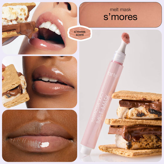 A Tarte Cosmetics Maracuja Juicy Melt Mask in s'mores scent is displayed with close-up images of glossy lips and s'mores. Text reads: melt mask s’mores and s’mores scent.