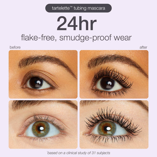 Eyes with and without mascara; left eyes show natural lashes, right eyes with enhanced volume and length. Text: tartelette™ tubing mascara 24hr flake-free, smudge-proof wear *based on a clinical study of 31 subjects*.