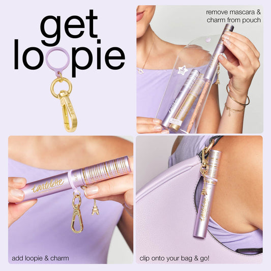 Loop and charm attach to Tarte Cosmetics mascara, removed from pouch, clipped onto a purple bag. Text: get loopie, remove mascara & charm from pouch, add loopie & charm, clip onto your bag & go!