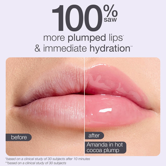 Two lips shown side-by-side; left is matte, labeled before, right is glossy with Amanda in hot cocoa plump text. Caption reads: 100% saw more plumped lips & immediate hydration. Based on clinical study.