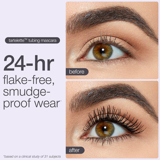 Close-up of an eye shows the effect of Tarte Cosmetics tartelette™ tubing mascara. Before: natural lashes. After: dark, voluminous lashes. Text: 24-hr flake-free, smudge-proof wear. Based on a clinical study of 31 subjects.