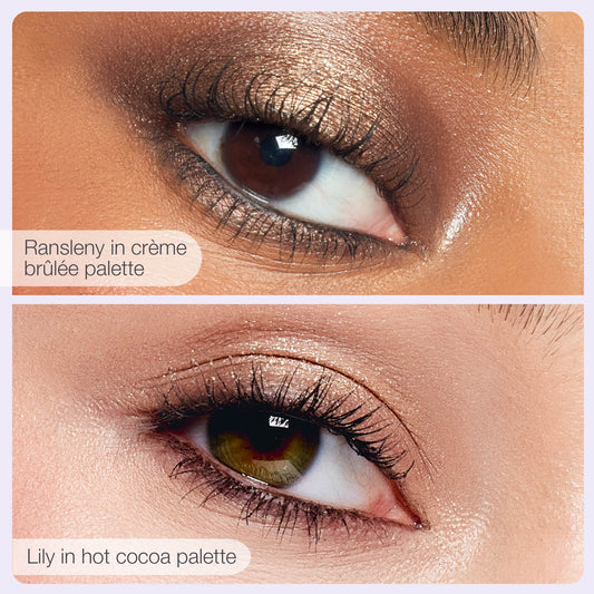 Two close-up images of eyes wearing shimmery eyeshadow. Top: Text reads, Ransleny in crème brûlée palette. Bottom: Text reads, Lily in hot cocoa palette. Both feature mascara-coated lashes.
