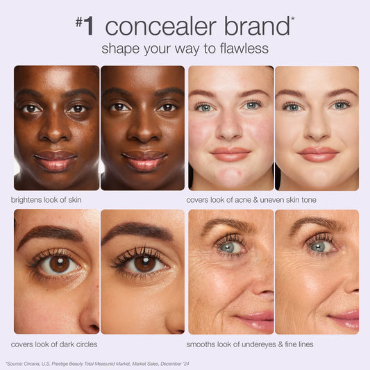 A collage shows faces with makeup applied, demonstrating concealer effects: brightening skin, covering acne and uneven tone, dark circles, and smoothing under-eyes. Text: 1 concealer brand* shape your way to flawless.

*Source: Circana, U.S. Prestige Beauty Total Measured Market, Market Sales, December ’24.