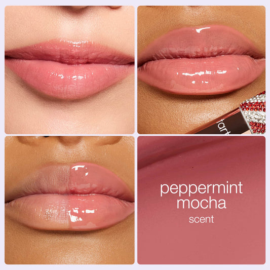 Lips adorned with glossy Tarte Cosmetics lip gloss in a pinkish hue. Three quadrants show different lip perspectives. Fourth quadrant displays text: peppermint mocha scent.