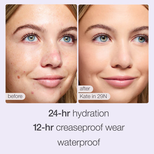 Close-up before and after images feature a woman's face. The left shows blemished skin; the right, smooth complexion. Captions include before, after Kate in 29N, 24-hr hydration, 12-hr creaseproof wear, and waterproof.