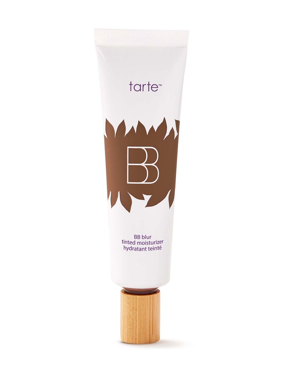 Tarte BB cream tube with white label and brown design on a white background