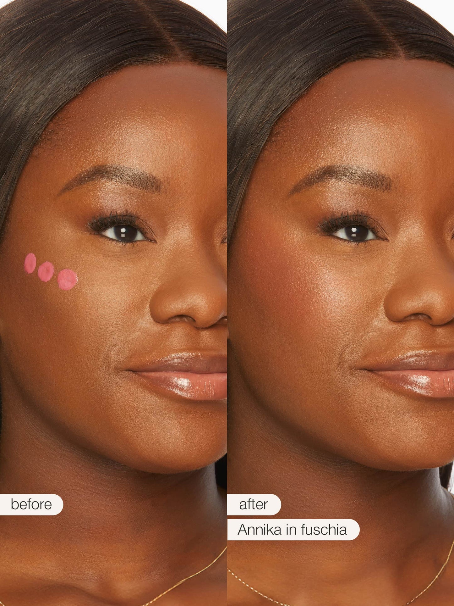 A woman's face is shown in two side-by-side images: on the left, three pink dots of Tarte Cosmetics are applied to her cheek, labeled Before; on the right, blended makeup enhances her cheek, labeled After: Blended in Tarte Blush.” Both images display her in a neutral background.