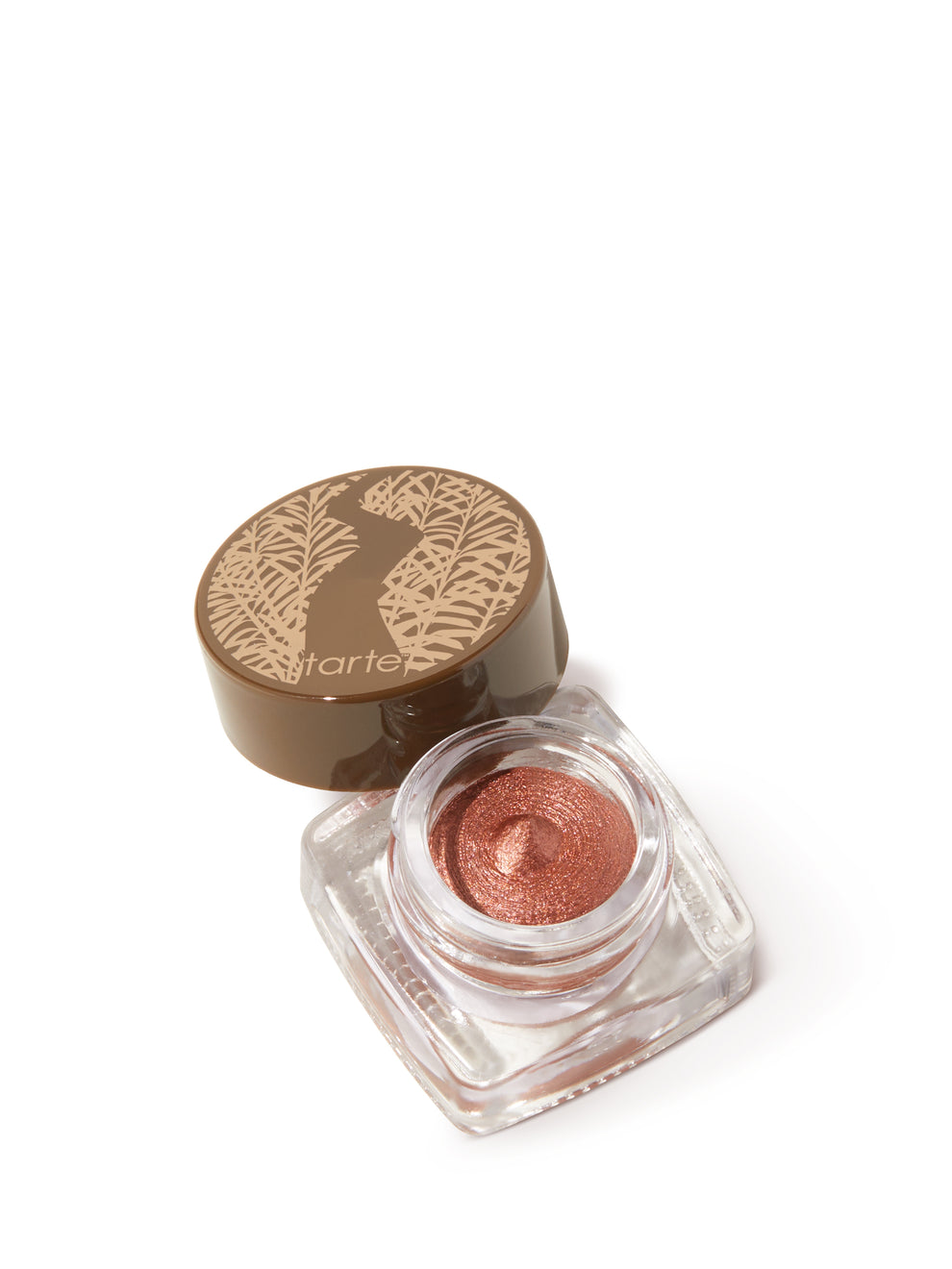 Makeup product with a brown lid and clear container on a white background