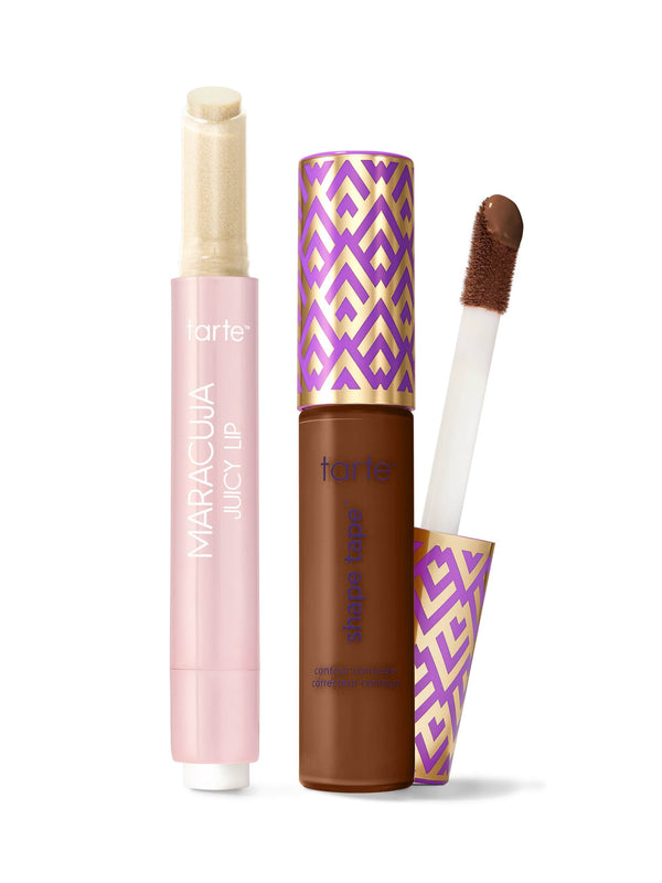 Tarte lip products including a pink tube, brown bottle, and applicator on a white background