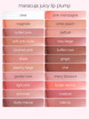 Color swatches of a lip plump with various shades on a white background