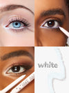 Collage of close-up shots of eyes with different colored eyeliner and a white pencil labeled 'FAKE AWAY'.