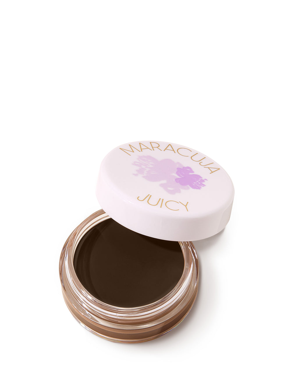 Open jar of brown cream with 'Maracluca' lid on a white background