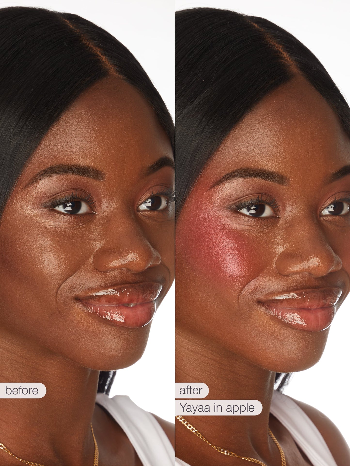 Before and after comparison of a woman's face with cosmetic product application.
