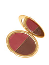 Makeup compact with two shades of blush on a white background