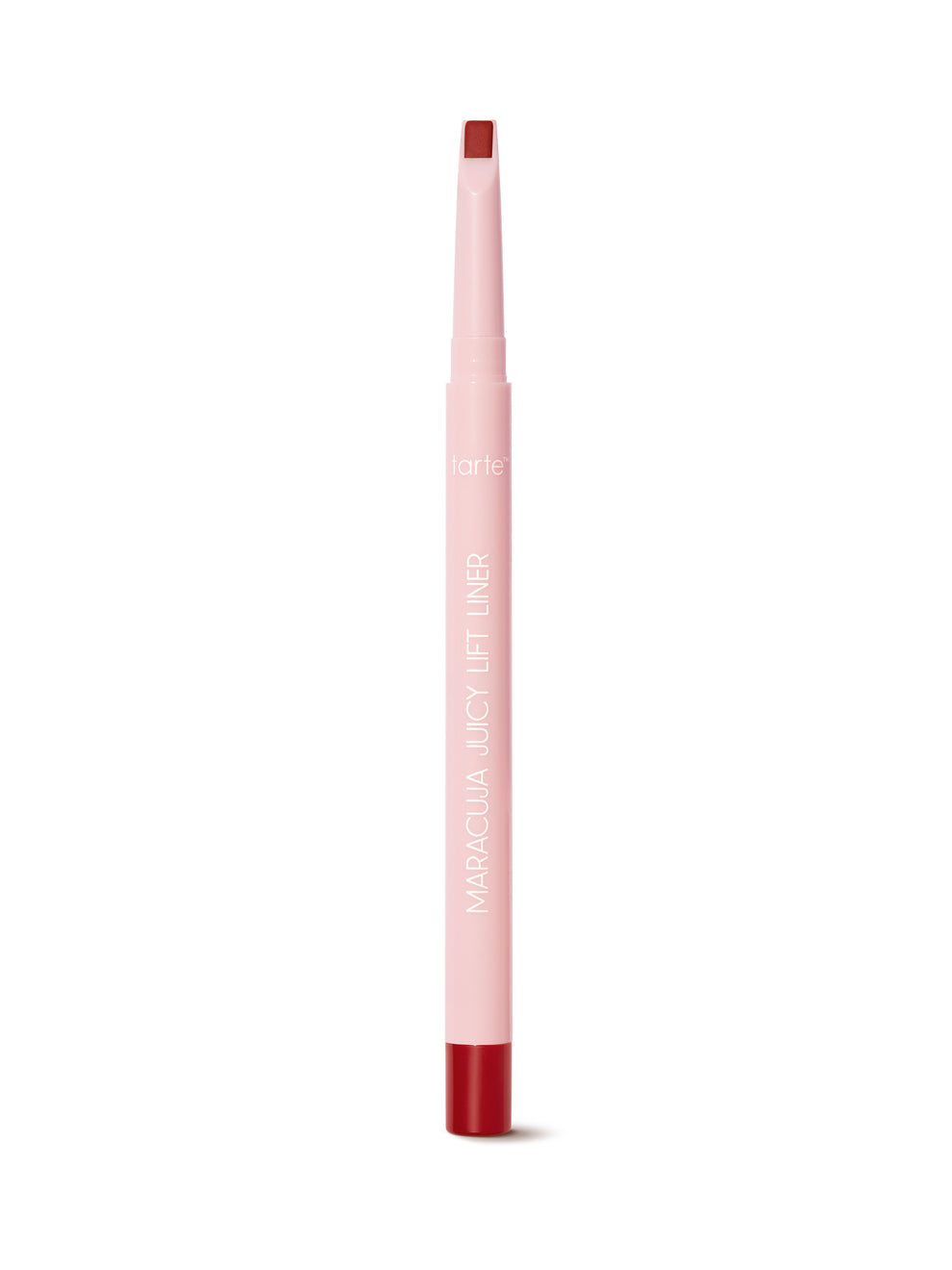 Lip liner with pink casing and red tip on a white background