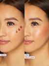 Before and after comparison of a woman's face with cosmetic product application labeled 'Kira in coral'.