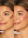 Before and after comparison of a cosmetic product application on a person's face.