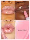 Collage of a pink lip gloss applied to lips with close-up shots and a pink lipstick labeled 'sheer petal'.