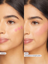 Before and after comparison of a woman's face with blush application labeled 'Vanessa in bright pink'.
