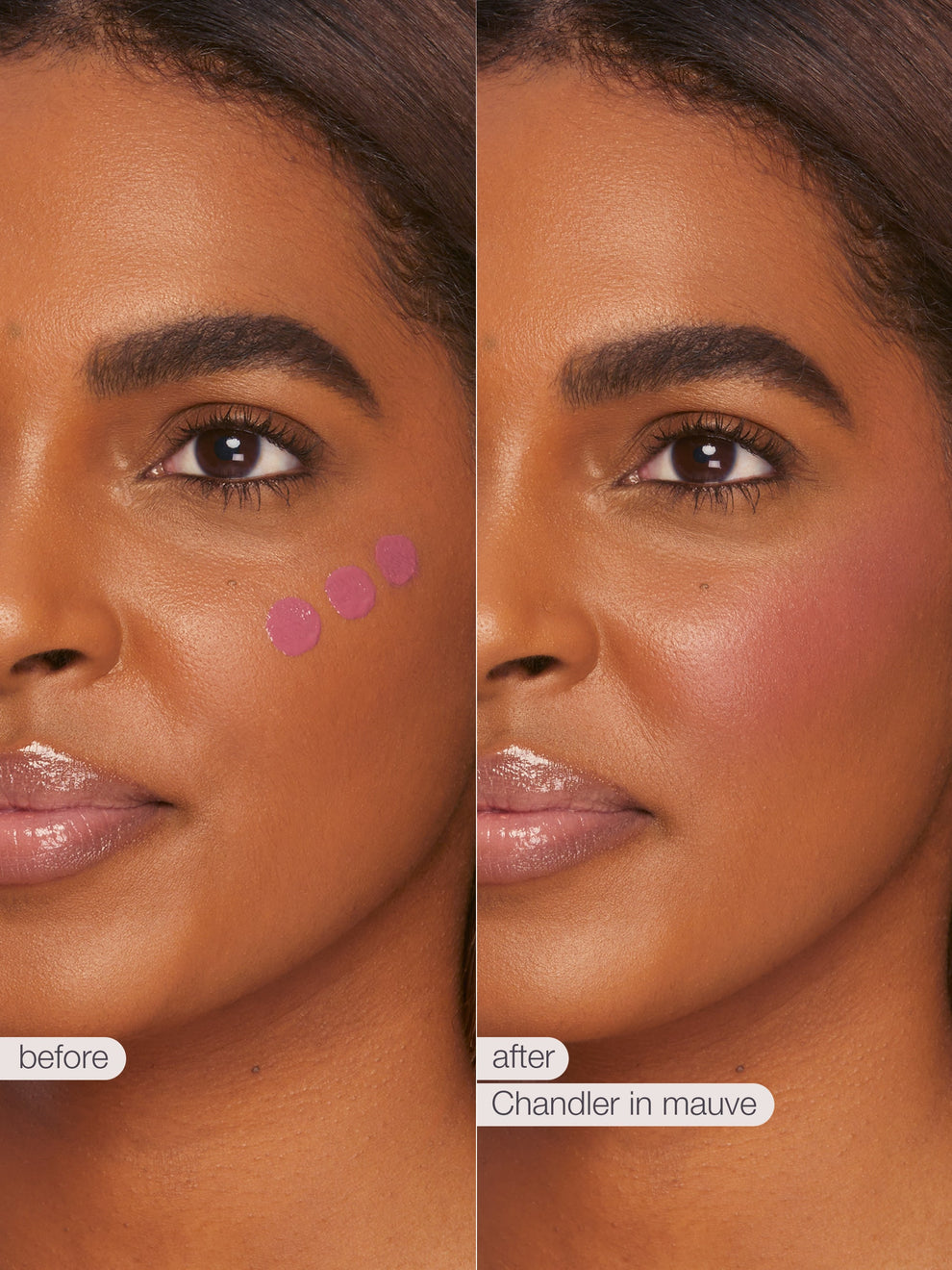 Before and after comparison of a woman's face with makeup application, labeled 'Chandler in mauve'.