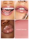 Collage of a lip product labeled 'mixed berries' on different skin tones.