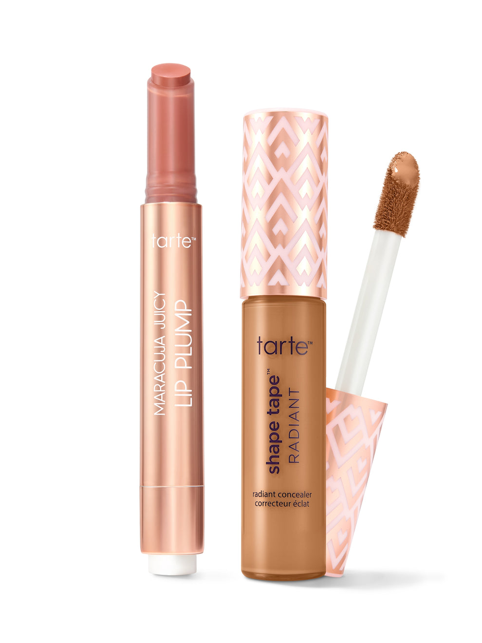 Tarte lip plump and shape tape concealer on a white background