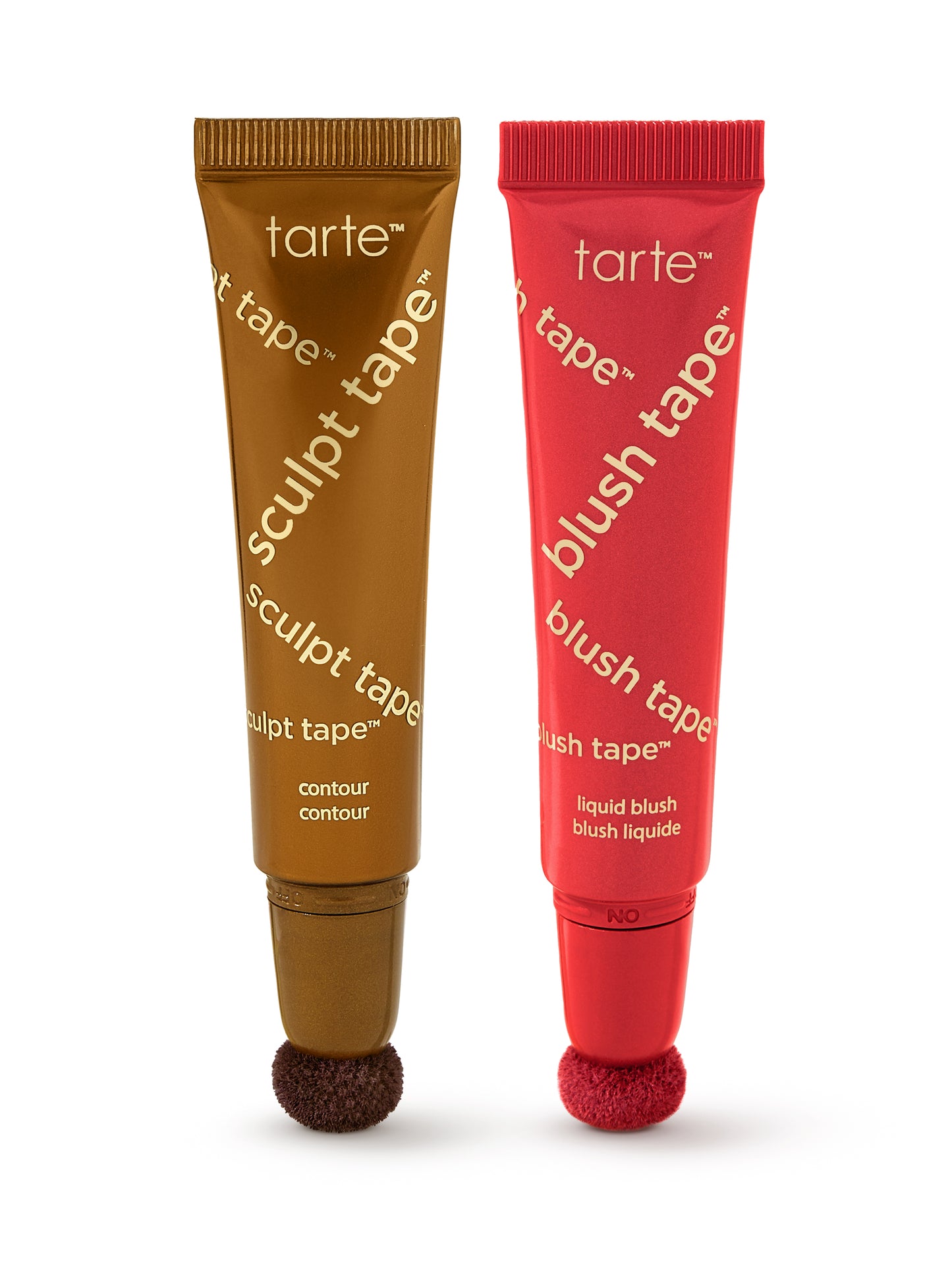 Two tarte makeup products, 'sculpt tape' in brown and 'blush tape' in red, on a white background.