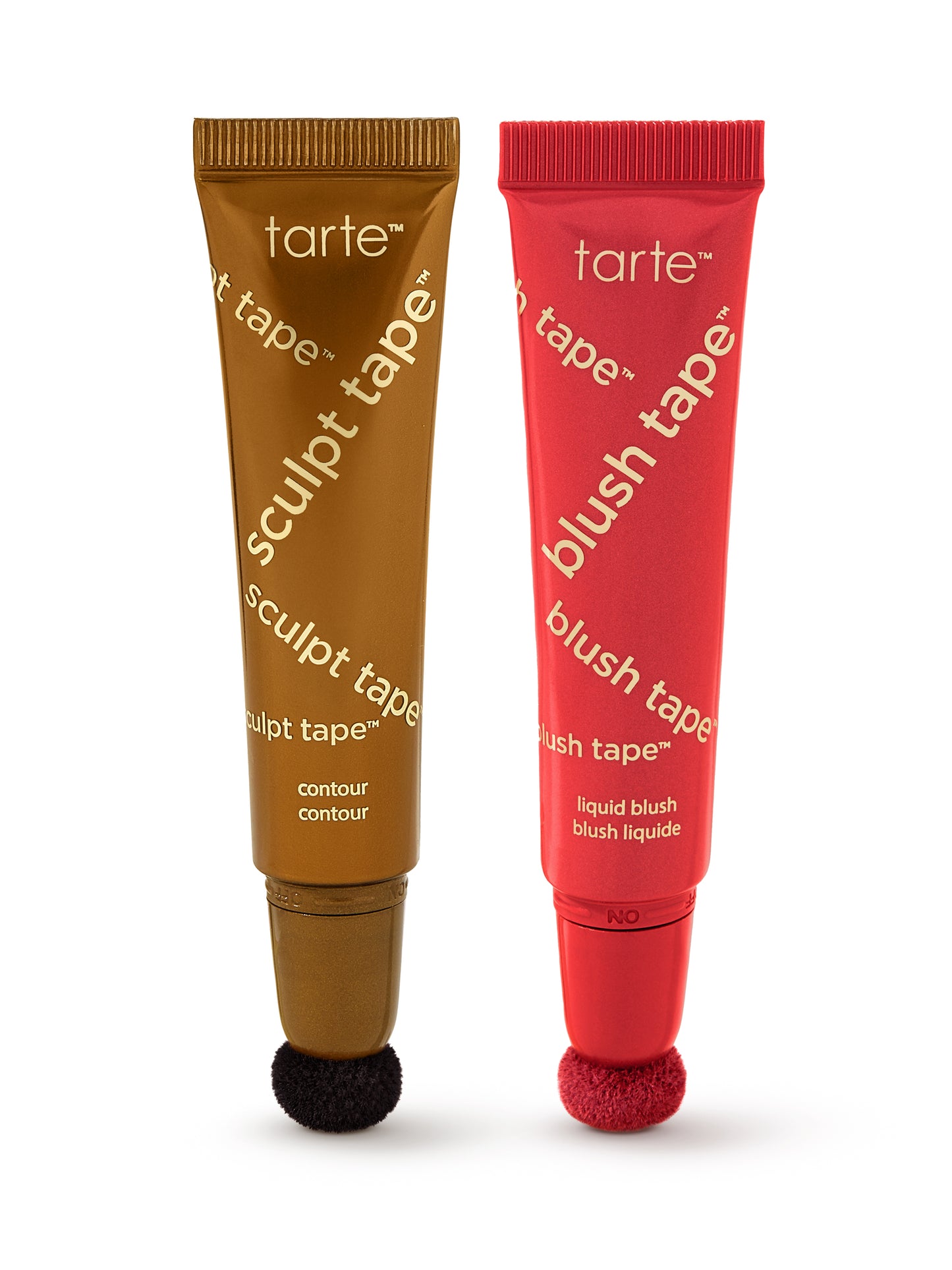 Two tarte blush tape products, one brown and one red, on a white background.