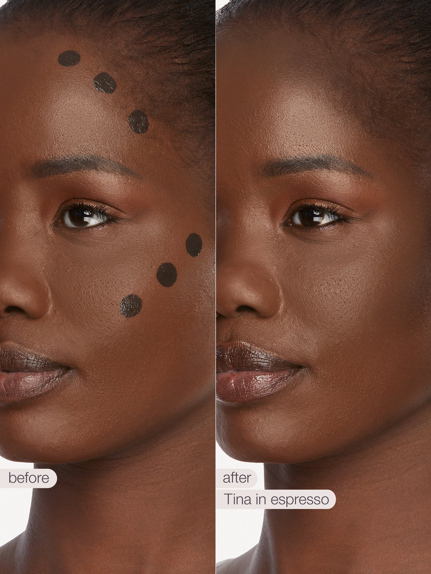 Before and after comparison of a woman's face with cosmetic product application labeled 'Tina in espresso'.