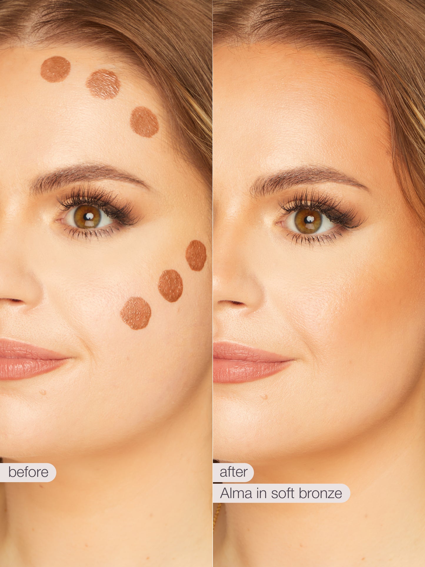 Before and after comparison of a woman's face with makeup application on a beige background.