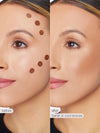 Before and after comparison of a woman's face with makeup application on a neutral background.