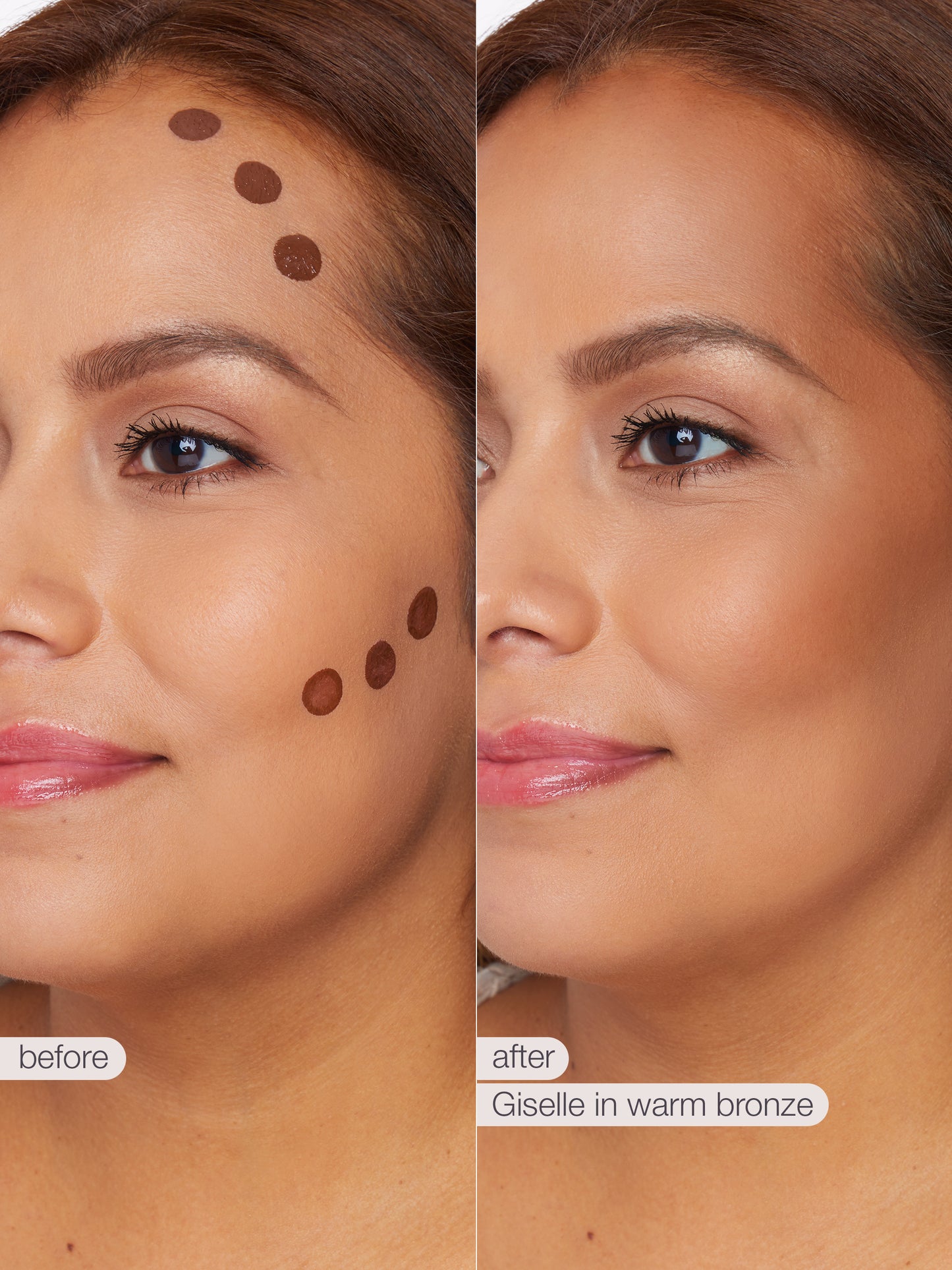 Before and after comparison of a woman's face with makeup application on her cheeks.