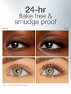 Two pairs of eyes are compared before and after applying Tarte Cosmetics mascara, emphasizing longer, fuller lashes. Text reads: 24-hr flake free & smudge proof, with a clinical study note.