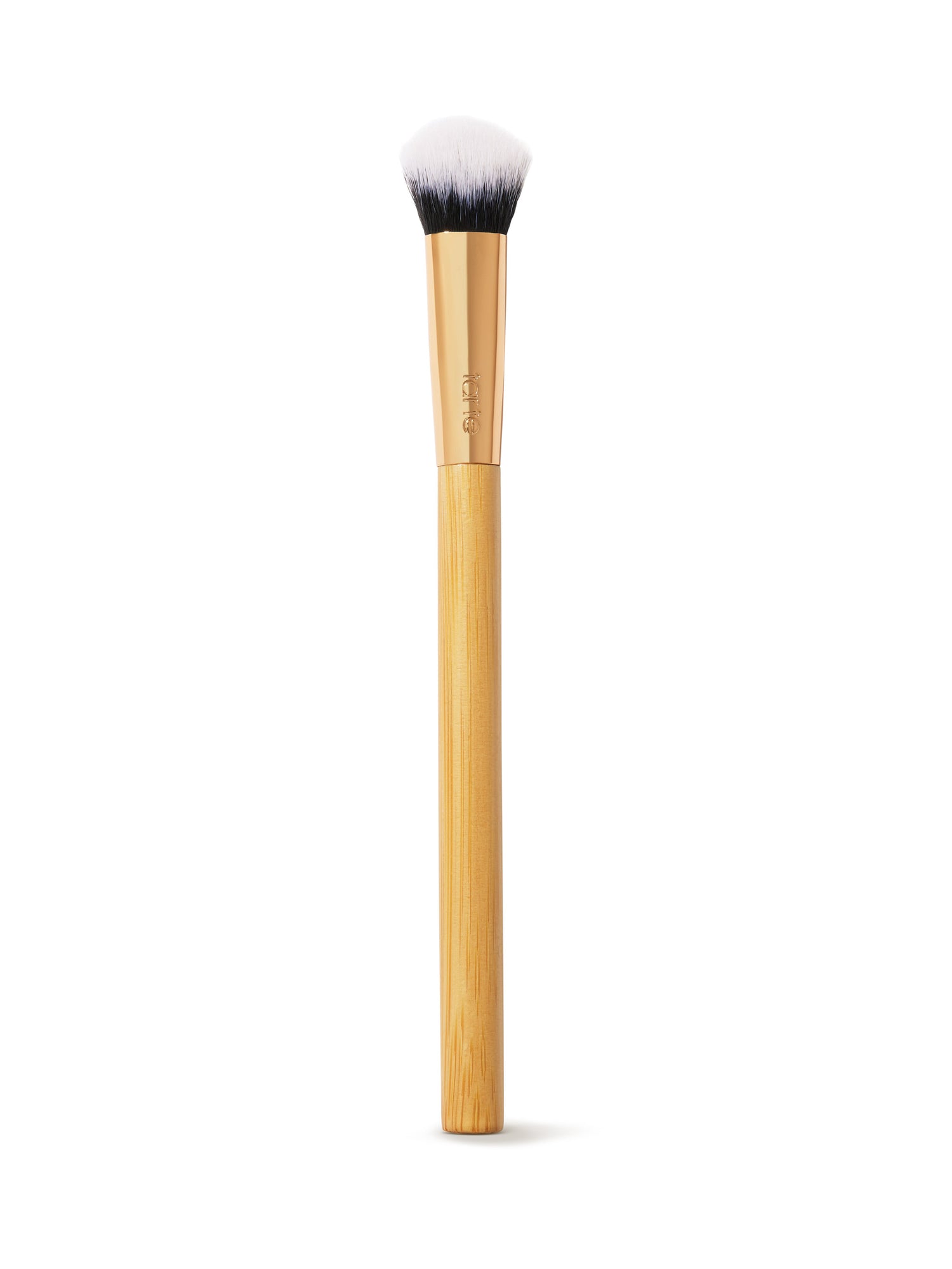 Makeup brush with wooden handle on a white background