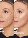 Before and after comparison of a woman's face with makeup application, labeled 'before' and 'after' with 'Sarah in golden glow'.