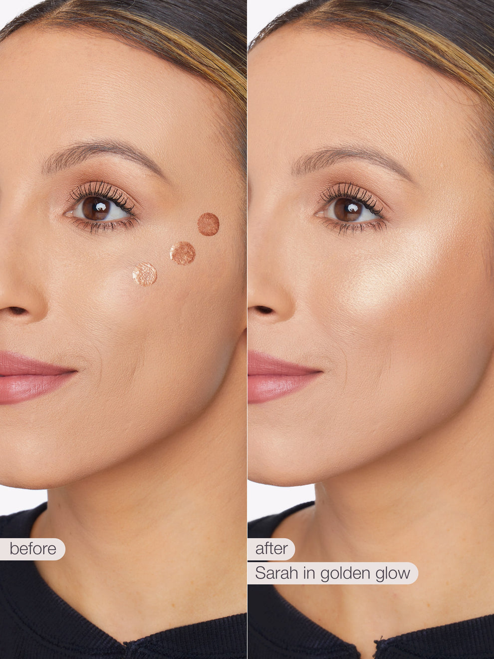Before and after comparison of a woman's face with makeup application, labeled 'before' and 'after' with 'Sarah in golden glow'.