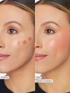 Before and after comparison of a woman's face with blush application labeled 'Sarah in peach'.