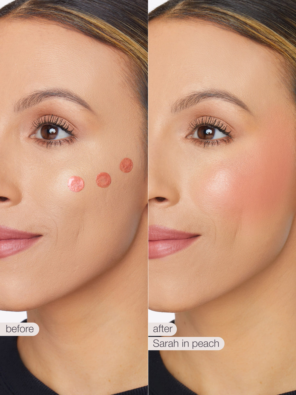 Before and after comparison of a woman's face with blush application labeled 'Sarah in peach'.
