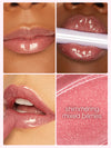 Collage of a person wearing a pink lip gloss with close-up shots and a color swatch labeled 'shimmering mixed berries'.