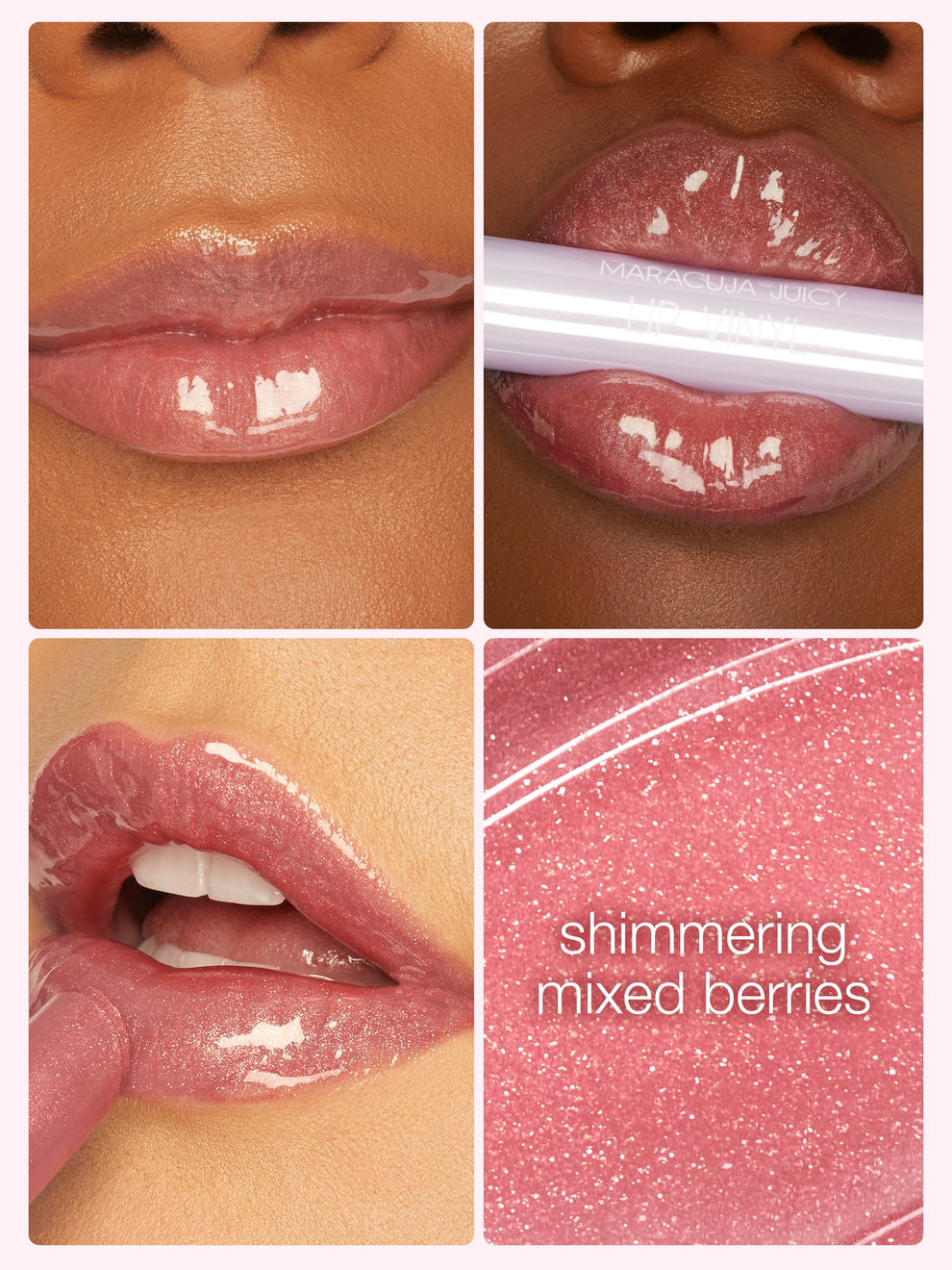 Collage of a person wearing a pink lip gloss with close-up shots and a color swatch labeled 'shimmering mixed berries'.