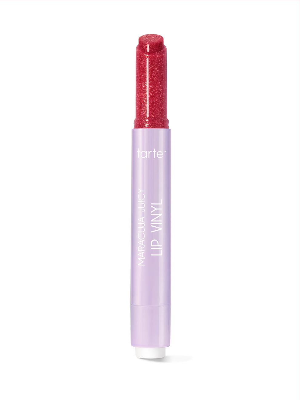 Tarte lip product with red cap and purple body on a white background