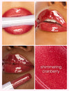 Lipstick application on lips with 'shimmering cranberry' color swatch.