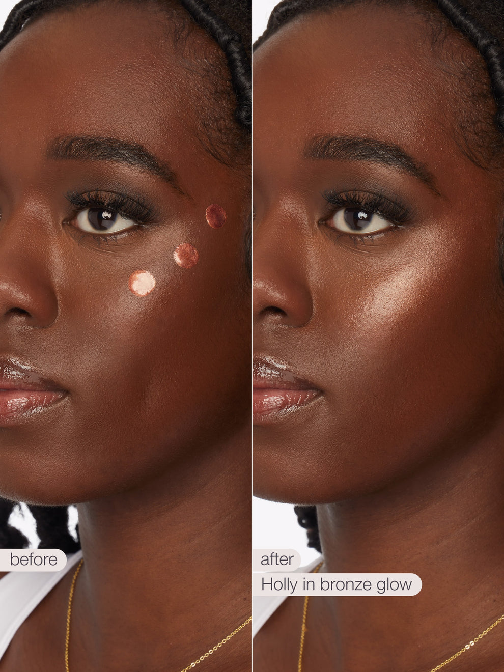 Before and after comparison of a woman's face with 'Holly in bronze glow' makeup.