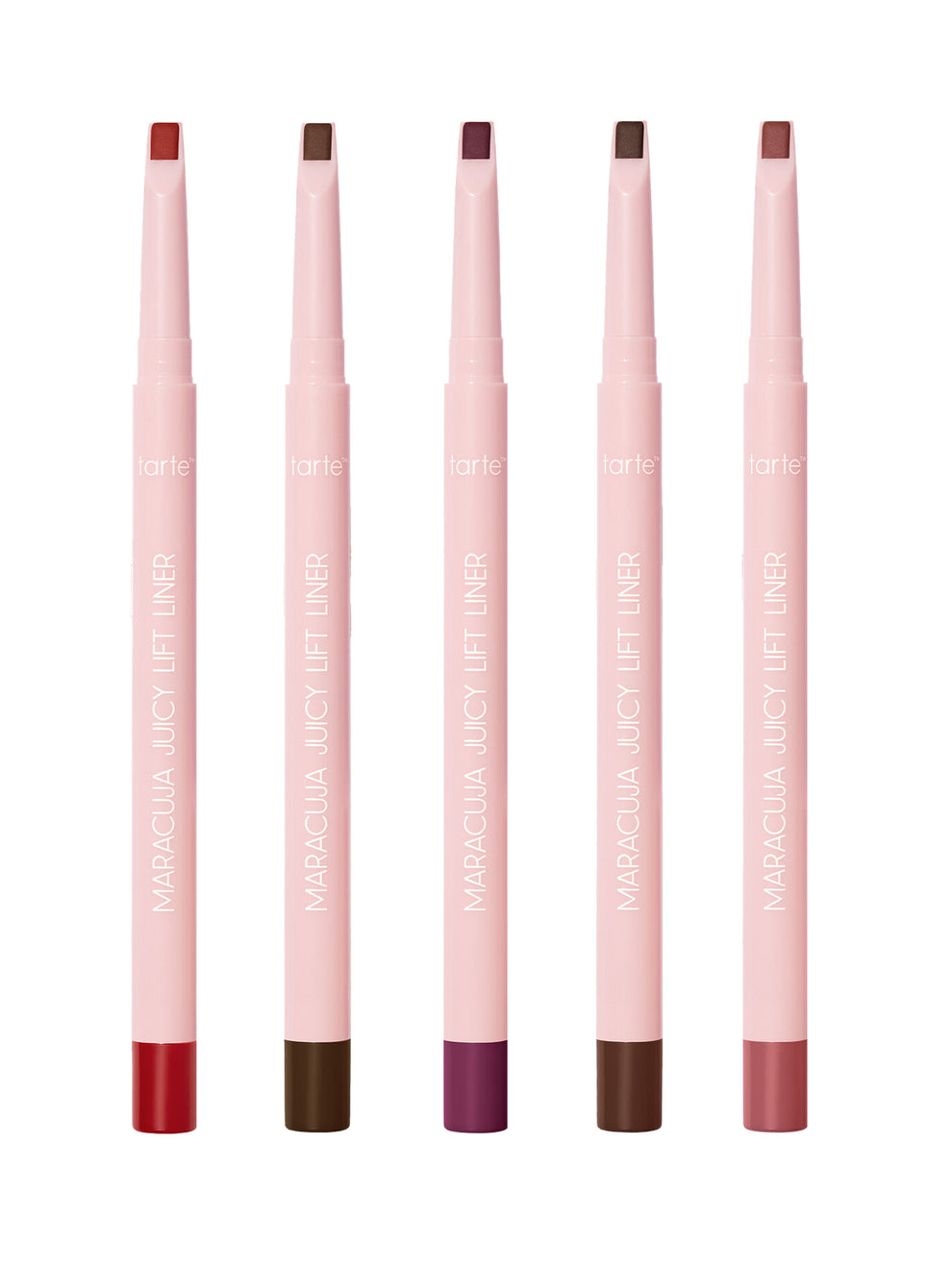 Set of five pink makeup brushes with red, brown, and purple tips on a white background.