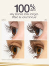 Before and after comparison of eyelashes with text indicating results.