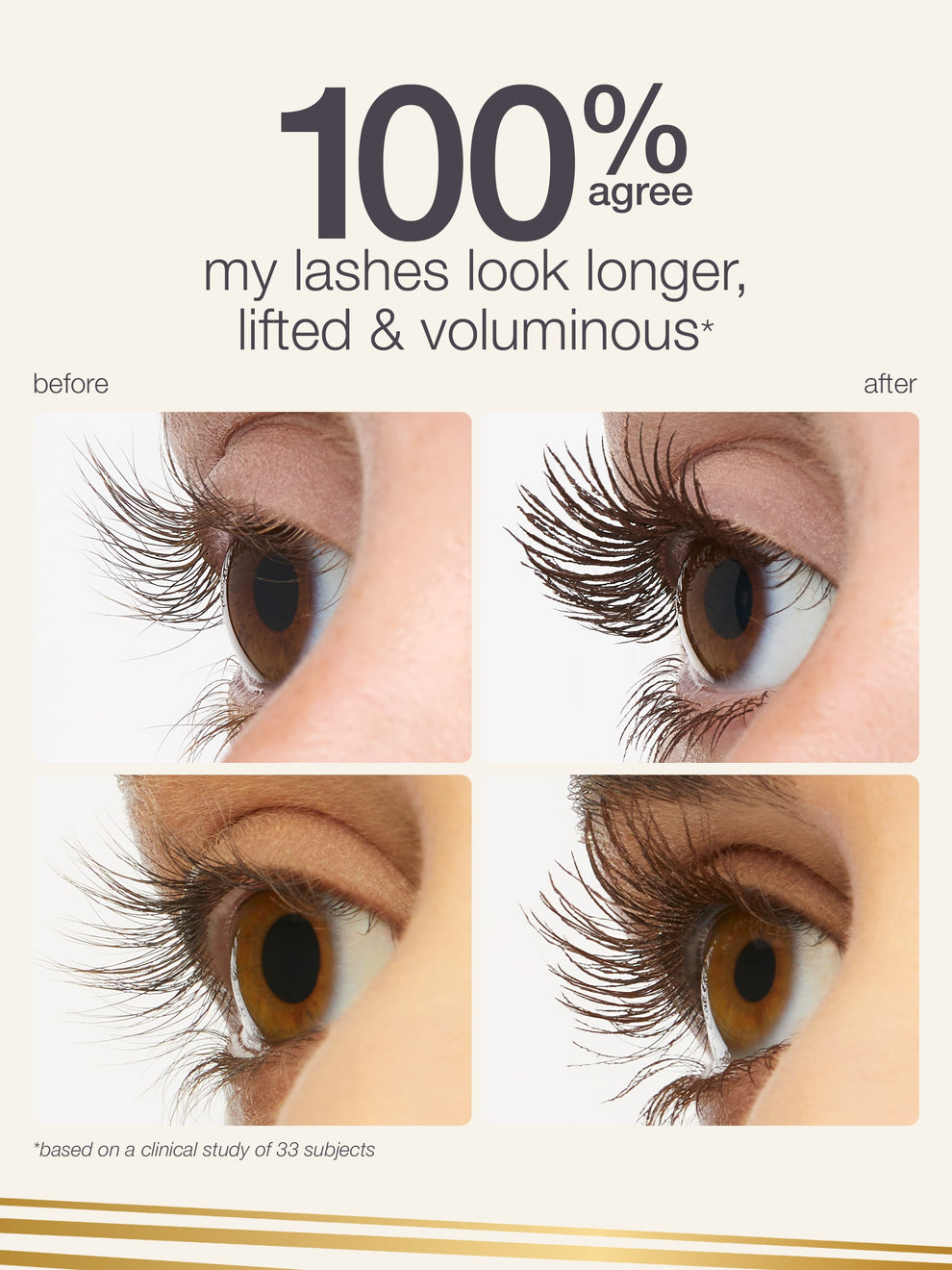 Before and after comparison of eyelashes with text indicating results.
