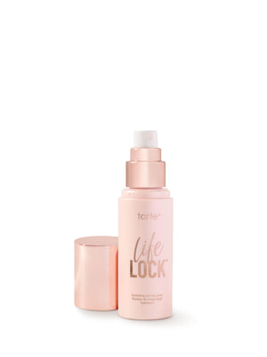 Flacone del siero Tarte Life Lock con tappo su sfondo bianco